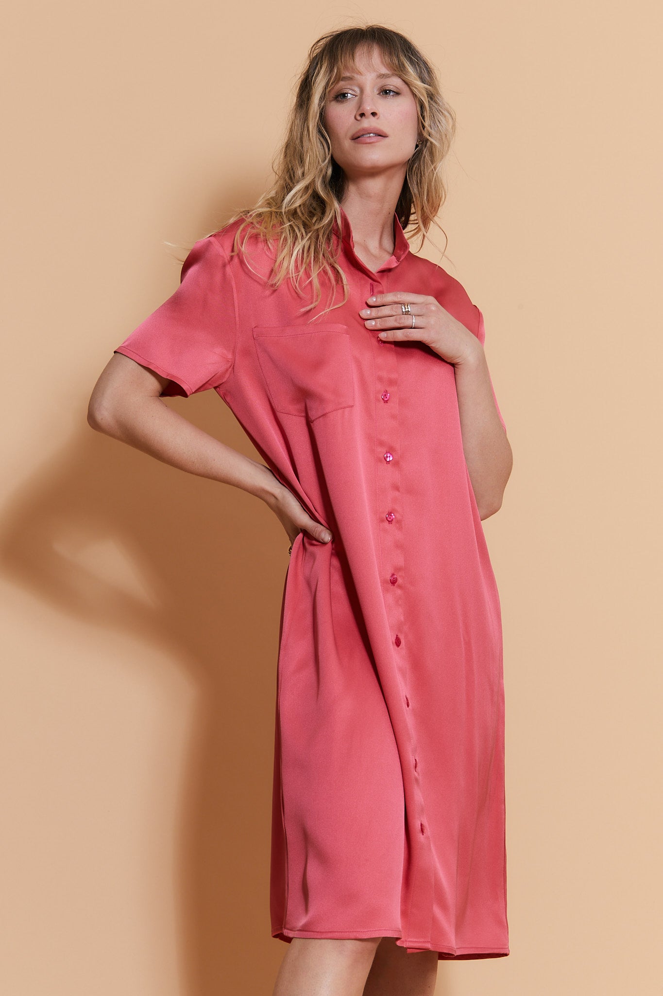 Robe Chemise Teya en Soie Rose Corail
