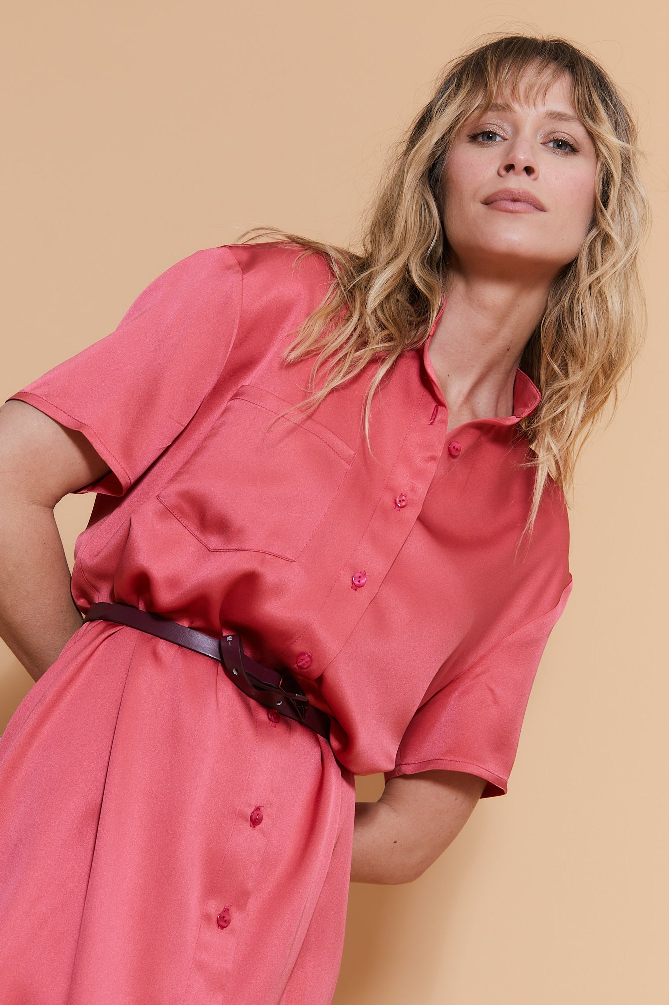 Robe Chemise Teya en Soie Rose Corail